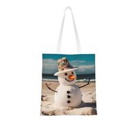 Snowman With Seashells Sitting On Sandy Beach Tote Bag For Women,Canvas Shoulder Bags With Pockets Shopping Bag Cute Reusable Grocery Bags