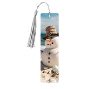 Snowman with Seashells Sitting On Sandy Beach Wooden Bookmark Book Lovers Tassels Crafts Accessories Reading Book Club Party