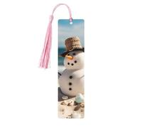 Snowman with Seashells Sitting On Sandy Beach Wooden Bookmark Book Lovers Tassels Crafts Accessories Reading Book Club Party