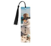 Snowman with Seashells Sitting On Sandy Beach Wooden Bookmark Book Lovers Tassels Crafts Accessories Reading Book Club Party