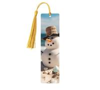 Snowman with Seashells Sitting On Sandy Beach Wooden Bookmark Book Lovers Tassels Crafts Accessories Reading Book Club Party