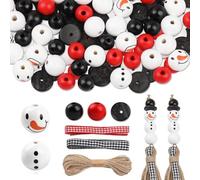 Snowman Wooden Beads Christmas Set, DIY Craft Wooden Beads, 150 Pieces Wooden Beads + 30 Pieces Spacers + Buffalo Plaid Ribbons + Twine, Party Festive Christmas Tree New Year Decorations