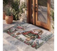 Snowman Wooden House Christmas Tree Door Mats Indoor 90 X 150 Cm, Country Christmas Machine Washable Inside Door Mat, Dark Green Absorbent Entrance Rug, Anti-Slip Floor Mats For Front Rear Doors