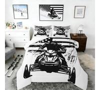 Snowmobile Rider Bedding Set,Race Sports Game Competition Style Comforter Set for Kids Teens Adults,Black White American Flag Graffiti Decor Quilted Comforter with 2 Pillowcases Queen Size 3 Pcs