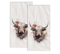 Snowmolle Cow Hand Towels for Bathroom,Highland Cow Hand Towel Set of 2 Face Washcloths Fingertip Kitchen Towels Soft Bath Dish Cloth for Gym Hotel Spa Sport 14"X28"