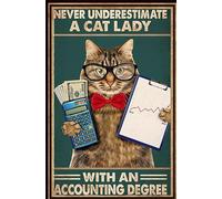 Snowsun Cat Poster Never Underestimate A Cat Lady with an Accounting Degree Vintage Tin Sign, Wall Decor Visual Art Tin Sign Home Kitchen Restaurant Cafe Art Metal Sign Retro Gift Sign 8x12 Inch