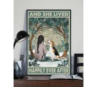 Snowsun Metal Sign And She Lived Happily Ever After Black Hair Girl With Beagle Dog Funny Retro Vintage Aluminum Sign for Home garden Coffee Wall Decor Metal Tin Sign 8 * 12 Inch