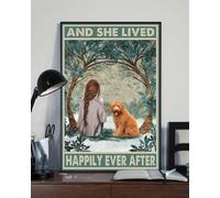 Snowsun Metal Sign And She Lived Happily Ever After Brunette Girl With Goldendoodle Dog Funny Retro Vintage Aluminum Sign for Home garden Coffee Wall Decor Metal Tin Sign 8 * 12 Inch