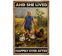 Snowsun Metal Sign and She Lived Happily Ever After Chickens Funny Retro Vintage Aluminum Sign for Home garden Coffee Wall Decor Metal Tin Sign 8 * 12 Inch