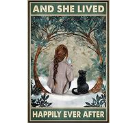 Snowsun Metal Sign Black Cat And She Lived Happily Ever After Metal Tin Sign Funny Signs Vintage Wall Decor for Home Garden Bar Bathroom 8x12 Inches