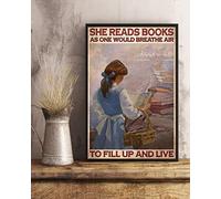 Snowsun Metal tin Sign Book She Reads Books As One Would Breathe Air Funny Retro Vintage Aluminum Sign for Home Bedroom, Lavatory, Toilet, Garden, Coffee Wall art Decoration, 8x12 inches