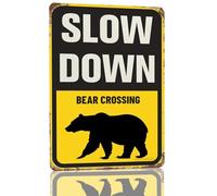 Snowsun Metal Tin Sign Slow Down Bear Crossing Rerto Sign Vintage Signs for Home Kitchen Garden Yard Wall Bedroom Club Front Door Decor 8x12 Inch