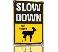 Snowsun Metal Tin Sign Slow Down Deer Crossing Rerto Sign Vintage Signs for Home Kitchen Garden Yard Wall Bedroom Club Front Door Decor 8x12 Inch