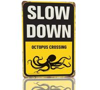 Snowsun Metal Tin Sign Slow Down Octopus Crossing Rerto Sign Vintage Signs for Home Kitchen Garden Yard Wall Bedroom Club Front Door Decor 8x12 Inch
