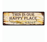 Snowsun Vintage Metal Sign Our Happy Place Art Plaque for Bedroom Kitchen Garden Wall Pub Club Coffee Hanging Decor 4x16 Inch