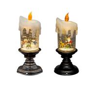 Snowtime 25 Cm Led Water Candlestick Bundle Of 2 Snowman Scene & Santa Scene