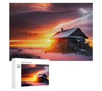 Snowy Cabin at Sunset Decorative Jigsaw for Grown-Ups, 300 PCS - New Year Decoration; for Shared Table Time