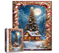 Snowy Cabin Christmas Tree Full Moon Winter Scene 1000 Piece Jigsaw Puzzle for Adults Students Holiday Lantern Candy Night Sky Forest Snow House Puzzle Game 20×27 Inches Home Relaxation Fun Gift Idea