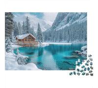 Snowy Cabin Lake View 1000 Piece Thick Cardboard Jigsaw Puzzle for Kids, Mind Relaxation Puzzle, Office Break Puzzle, Puzzle for Family Fun 38x26cm/1000pcs