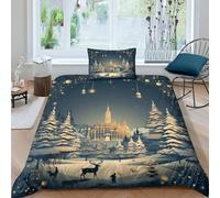 Snowy Christmas Happy New Year Duvet Cover 3 PCS Hotel Quality Quilt Cover Bedding Sets Bed Covers with Pillowcases with Zipper Closure Ultra Soft Hypoallergenic Microfiber Single（135x200cm）
