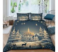 Snowy Christmas Happy New Year Duvet Cover Set 3 PCS Hotel Quality Quilt Cover Bedding Sets Bed Covers with Pillowcases with Zipper Closure Hypoallergenic Soft Breathable Microfiber King（220x240cm）