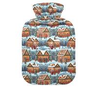 Snowy Christmas Market Scene Pattern Water Bottle for Hot Water with Soft Cover, 1L Hot Compresses for The Body for Sore Muscle