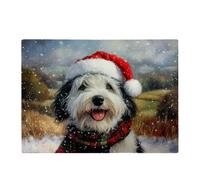 Snowy Christmas Old English Sheepdog Glass Chopping Board Warren Reed - Designer Multi One Size
