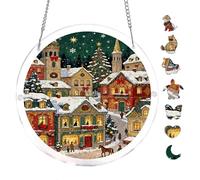Snowy Christmas Village Scene 7.8x7.8in Acrylic Hanging Puzzle Home Decor | Creative Home Accent with Visual Appeal