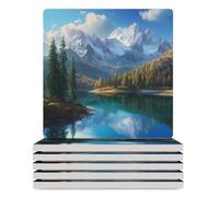 Snowy Covered Alpspeaks Fir Lake Ceramic Coasters Square Drinks Coaster Coffee Table Decor Table Coaster for Home Office