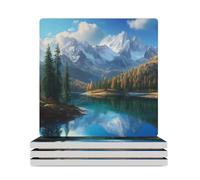 Snowy Covered Alpspeaks Fir Lake Ceramic Coasters Square Drinks Coaster Coffee Table Decor Table Coaster for Home Office