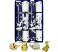 Snowy Forest Christmas Crackers with Mosaic Animal Ornaments, Blue and Silver, Set of 4