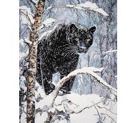 Snowy Forest Cross Stitch Stamped Art DIY,Animal Black Panther,11CT Stamped Embroidery Kits DIY Wall Art Decor for Beginners Kids,16x20inch