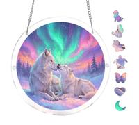 Snowy Forest Wolf Aurora 7.8x7.8Inch Round Acrylic Hanging Puzzle | Creative Home Accent with Visual Appeal