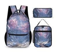 Snowy Forests Icy River Winter Backpack 16" Pen Case Lunch Bag 3 Set | for Men Women Large Capacity Comfortable Carry Insualted Lunchbag Travel