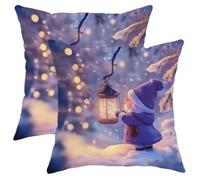 Snowy Gnome Lantern Pillow Covers, Blue Winter Holiday Cushion Case, Charming Christmas Decoration Soft Velvet Throw Pillow for Sofa Bedroom Living Room 18x18 Inch