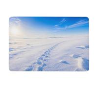 Snowy landscape with footprints under blue sk Area Rug 150 x 100 cm | Winter room styling with printed area rug, PVC dot non slip backing; for bedside and sofa areas