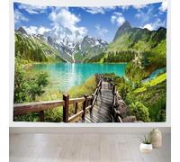 Snowy Mountain Lake Tapestry Wall Hanging Landscape Wooden Bridge Large Tapestry Fabric Wall Hangings Art 3D Print Tapestries for Bedroom Living Room Home Decor 180x230 cm a-8781