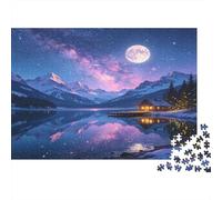 Snowy Mountain Lake View 1000 Piece Jigsaw Puzzle Paper Puzzle Game for Adults Night Cottage Reflection Relaxing Home Decor 70x50cm/1000pcs