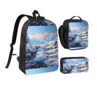 Snowy Mountain Scenery 17 Inch Backpack Lunch Bag Pencil Case Set, Cute Print, Durable Oxford Cloth.