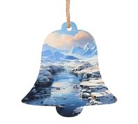 Snowy Mountain Scenery Wooden Tree Ornaments Bell Shape 4 PCS, Hanging Decorative Pendants, Vintage Design for Holiday