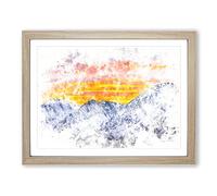 Snowy Mountain Under The Sun Watercolour Modern Framed Print | A4 Oak Framed Wall Art | Ready to Hang | Modern Landscape Picture | Living Room Bedroom Lounge Office