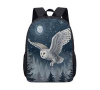 Snowy Owl Backpack 17 Inch School Bag, Crescent Moon Starry Night Sky Forest Winter Print, Colorful Illustration Bookbag (03)