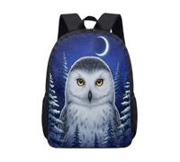 Snowy Owl Backpack 17 Inch School Bag, Crescent Moon Starry Night Sky Forest Winter Print, Colorful Illustration Bookbag (04)