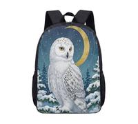 Snowy Owl Backpack 17 Inch School Bag, Crescent Moon Starry Night Sky Forest Winter Print, Colorful Illustration Bookbag (01)