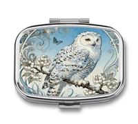 Snowy Owl Cornus pilldispenser with Mirror 2 Compartments Waterproof PillCase for Purse Pocket Non-Slip Grip Travel Medicine Organizer Container Box for Vitamin Fish Oil Supplement