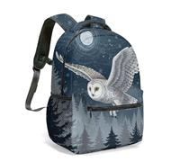 Snowy Owl Moon and Stars Winter Pine Full Print 16 Inch Backpack Dreamy Night Forest Illustration Water Resistant Oxford Daypack (03)