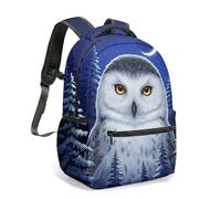Snowy Owl Moon and Stars Winter Pine Full Print 16 Inch Backpack Dreamy Night Forest Illustration Water Resistant Oxford Daypack (04)