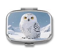 Snowy Owl on Snowfield pilldispenser with Mirror 2 Compartments Waterproof PillCase for Purse Pocket Non-Slip Grip Travel Medicine Organizer Container Box for Vitamin Fish Oil Supplement