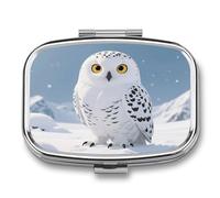 Snowy Owl on Snowfield pilldispenser with Mirror 2 Compartments Waterproof PillCase for Purse Pocket Non-Slip Grip Travel Medicine Organizer Container Box for Vitamin Fish Oil Supplement
