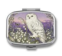 Snowy Owl Pill Box 2 Compartments Portable Travel Pill Case Mini Medicine Organizer for Pocket Purse Metal Waterproof Medicine Container Holder Vitamin Fish Oil